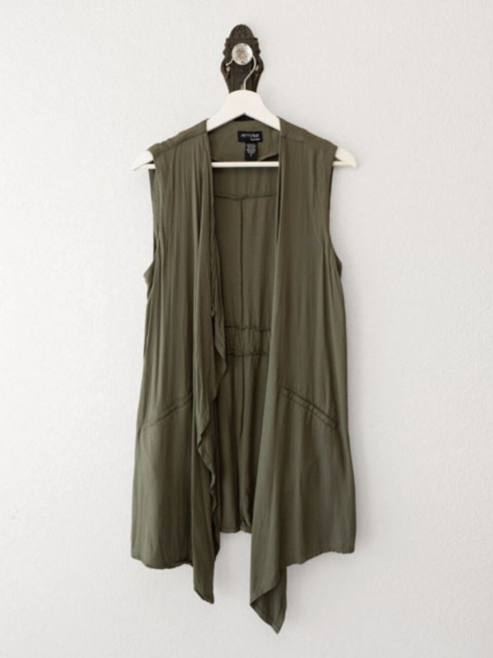 Attyre Olive Green Vest Small Drape Open Front Sleeveless Lightweight Layering